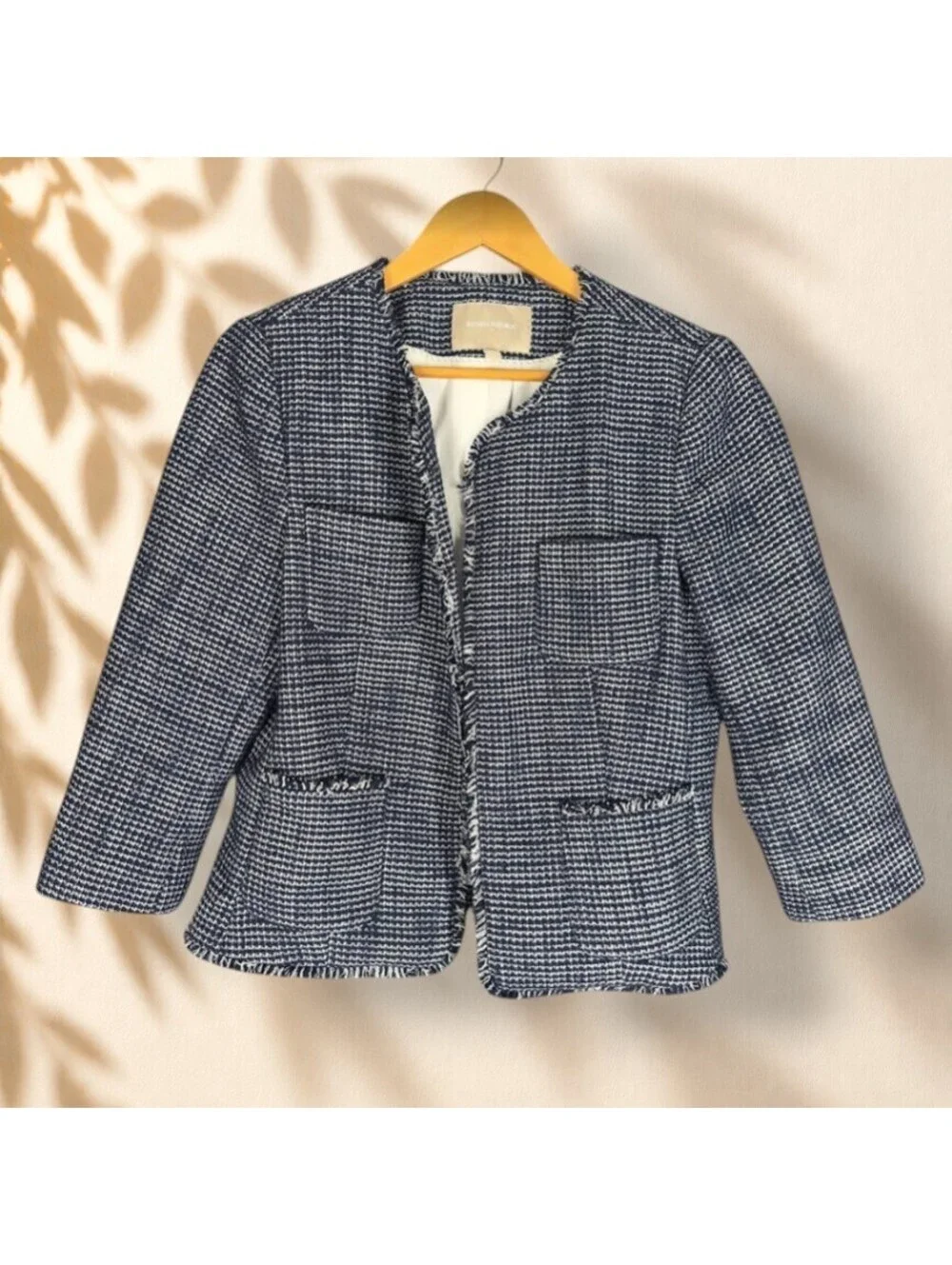 Banana Republic Blazer Women 12P Petite Blue Open Front Long Sleeve Career Lined